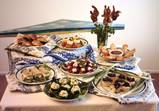 Cucumber canapes, Shrimp skewers, Olive tapenade, Stuffed Cresents, Spinach Artichoke Phyllo Cups, Chicken Salad Sandwiches, Crab Stuffed Pimentos